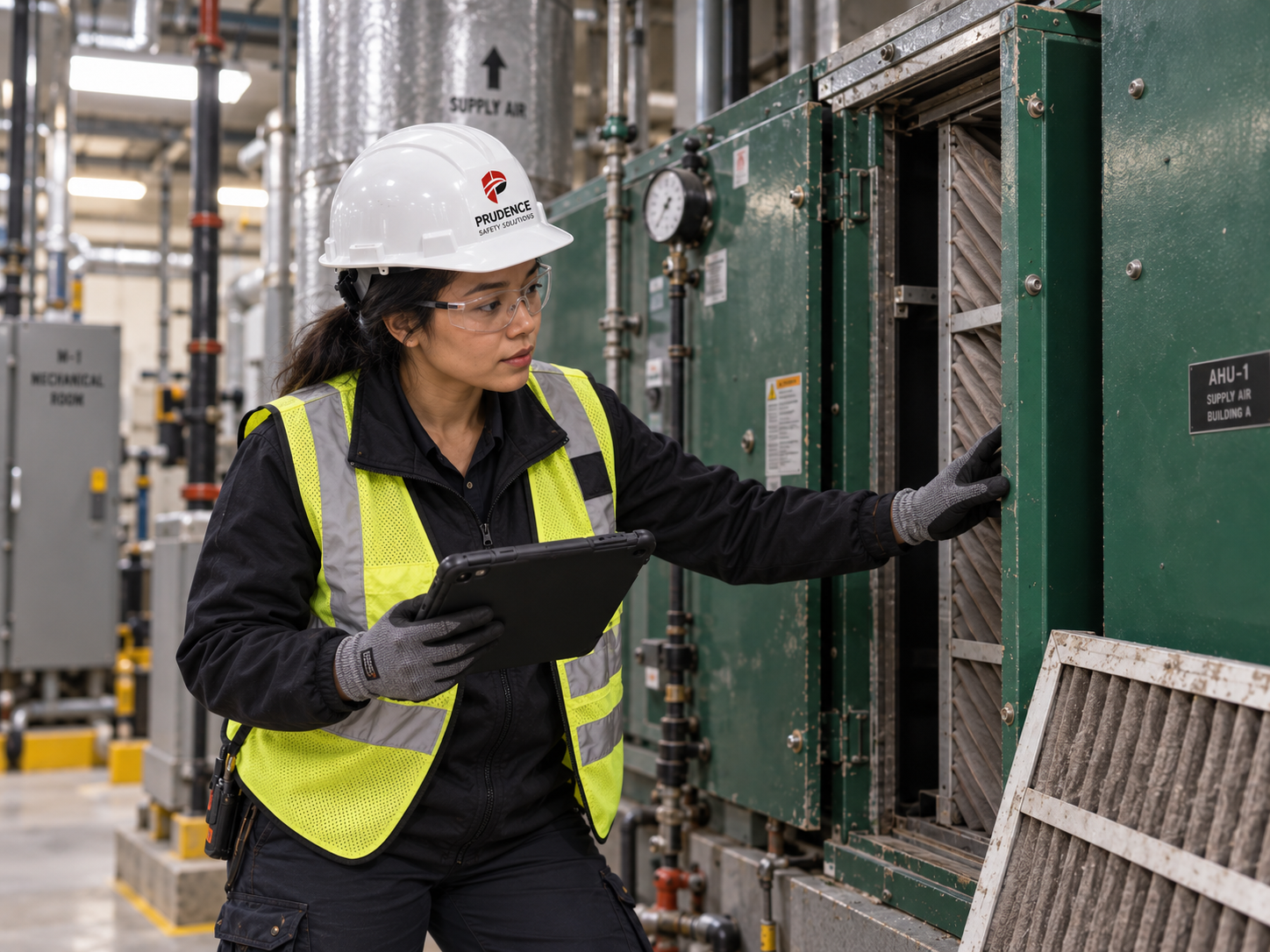 Consultant inspecting HVAC equipment in a mechanical room